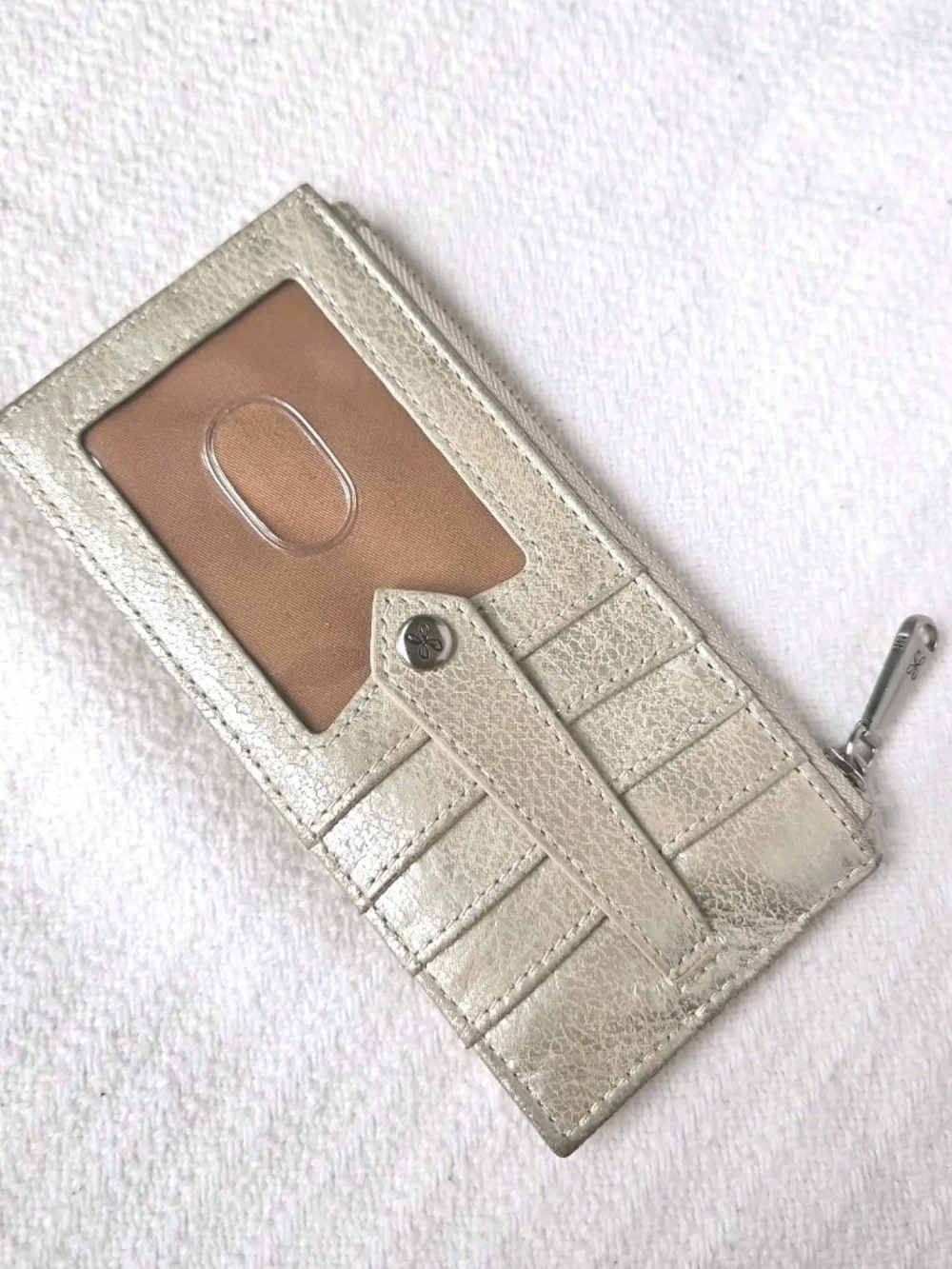 HOBO Linn Leather Wallet Metallic Ivory Color Slim Card Case with Keychain